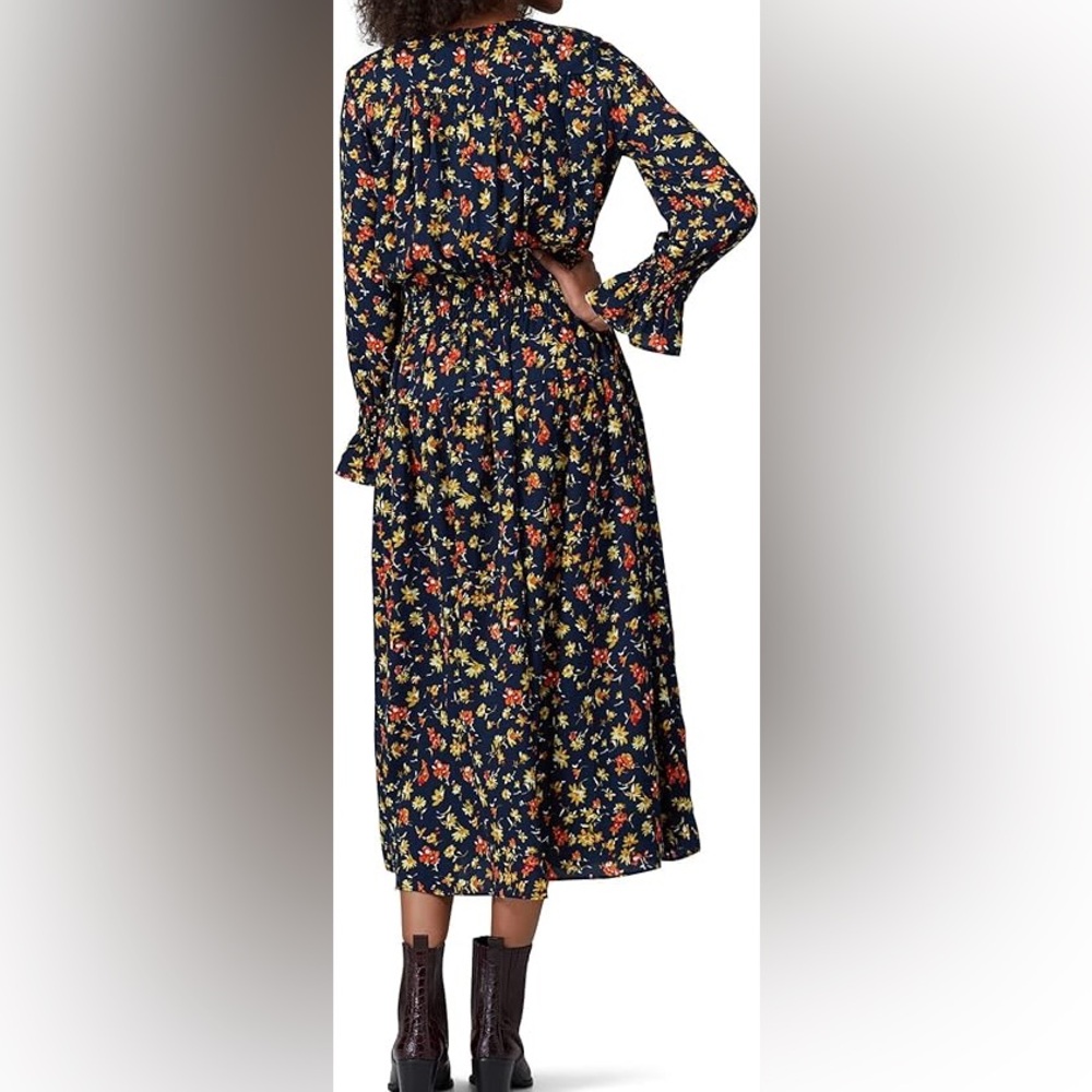 Whistles Navy Floral Smocked Waist Midi Dress Long Sleeve Ruffle Cuff - Picture 4 of 7